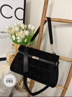 Elegancka czarna torebka z eko zamszu z klapką